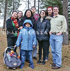 (L to R) Back row: Kootenai Language “Where Are Your Keys” group, Rebecca Phillips; Ethan Friedlander; and Erica Shelby. (L to R) Front row: April Charlo, Nukinka Manuel, Brooke Swaney, Evan Gardner and the youngest of the group Ki’an Phillips with brand new sibling. (Lailani Upham photo)