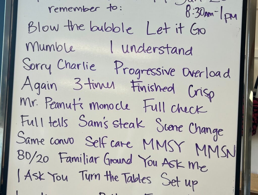 A whiteboard with some of the Treehouse's favourite WAYK Techniques (TQs) for full immersion days: Let it Go, Sorry Charlie, Again, Blow the Bubble, any many more. 