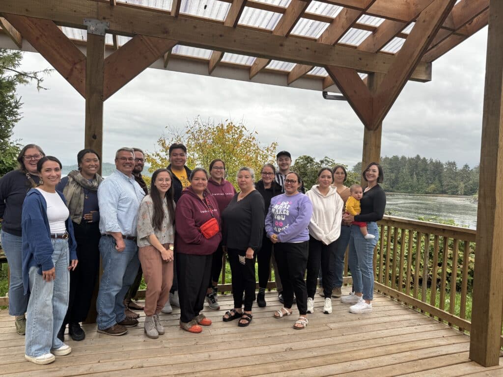 Group photo of the Treehouse Language Program at GNN and the WAYK team (Susanna Ciotti, Reighen Grineage, Evan Gardner, Cedar Edwards) at the Treehouse in Port Hardy, BC. This photo features learners in the Treehouse's Certificate and Diploma programs. 